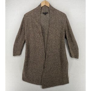 EILEEN FISHER Cardigan XS Marled Linen Duster Open Elbow Long Sleeve Brown